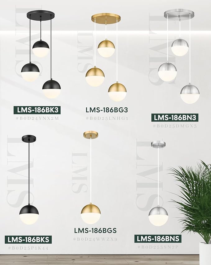 LMS 6-inch Mid Century Pendant Light, Matte Black Pendant Light Fixtures with White Globe Glass, Adjustable Hanging Ceiling Light Fixtures for Dining Room Living Room Bedroom, LMS-186BKS