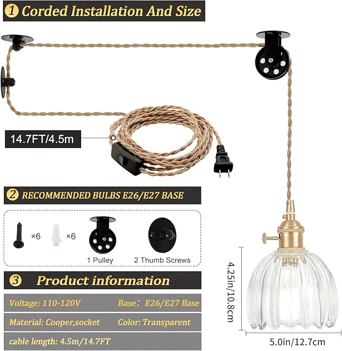 Mini Plug in Pendant Light Hanging Light Fixture Corded On/Off Switch Brass Pendant Light with Clear Tulip Glass Lampshade for Bedroom Living Room Kitchen Island
