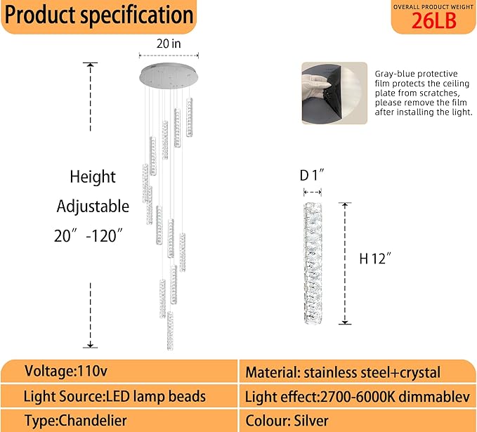 IDEQU Modern LED 120inch Long Spiral Staircase Crystal Chandelier High Ceiling Chandelier Lighting for Foyer Hallway 12-Light Silver Dimmable 2700K-6000K