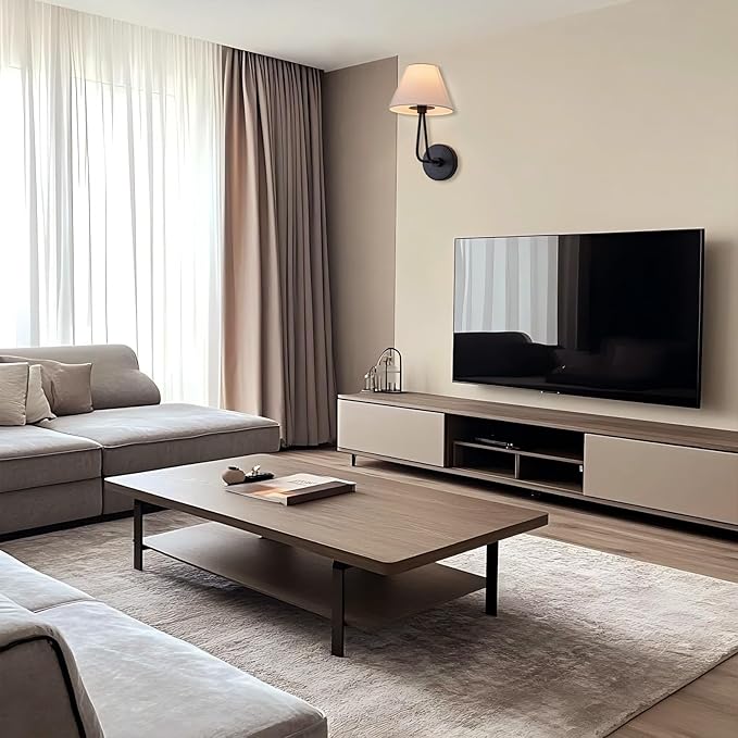 1 Light Wall Sconce Classic Single Head Wall Lighting, Modern Wall Mounted Lamp with Cream Linen Shade, Hardwired Light Fixture for Bedroom, Living Room, Corridor, Entryway- Black