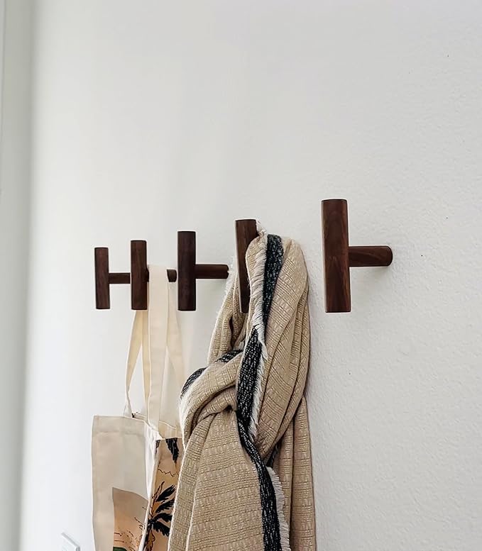 Wooden Coat Hooks, Decorative Wall Hooks for Bags, Hats, Coats, Purse, Heavy Duty, Sturdy, Natural Walnut, Easy to Install, Holds Up to 7lbs - Pack of 5