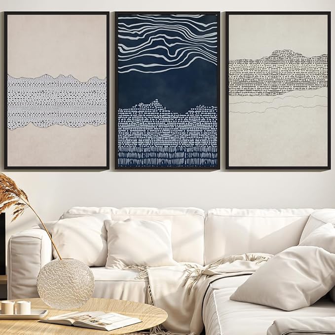 KUVIOKE Navy Blue Abstract Framed Wall Art Modern Neutral Minimalist Wooden Pastel Boho Wall Decor Farmhouse Rustic Art Painting Home Decor 24x36in (Black Framed)