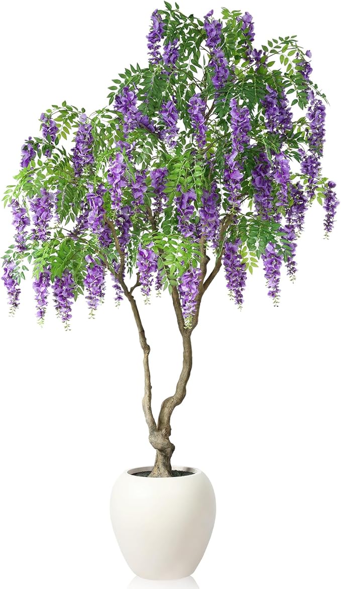 Blooming Wisteria Tree, 8ft Artificial Violet Tree with Round Artisan Planter, Premium Handmade, Realistic Trunk & Lifelike Leaves, Perfect for Large Spaces & Elegant Home/Office Decor