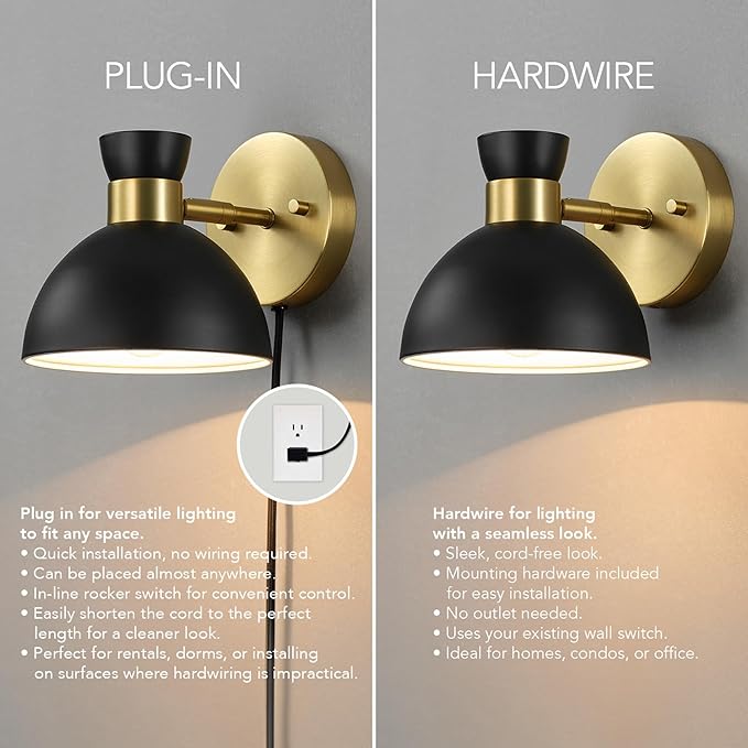 GLOBE Electric 65000100 1-Light Plug-in or Hardwire Wall Sconce, Matte Brass, Black Pivoting Metal Shade, 6ft Black Cord, in-Line Rocker Switch, Wall Lights for Living Room, Hanging Lamp