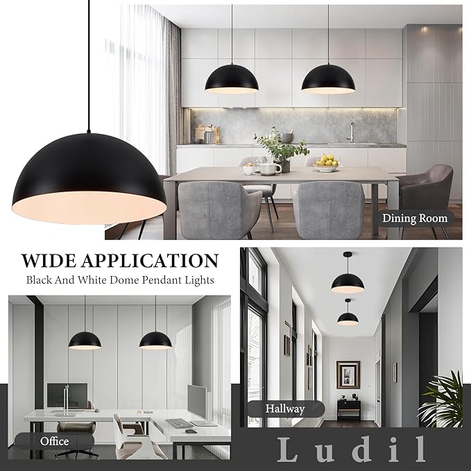 Industrial Pendant Lighting for Kitchen Island, 16 Inch Black and White Metal Dome Pendant Light Fixtures, Farmhouse Hanging Light Fixture E26 Base for Dining Room Foyer Entryway Cafe, 2 Pack