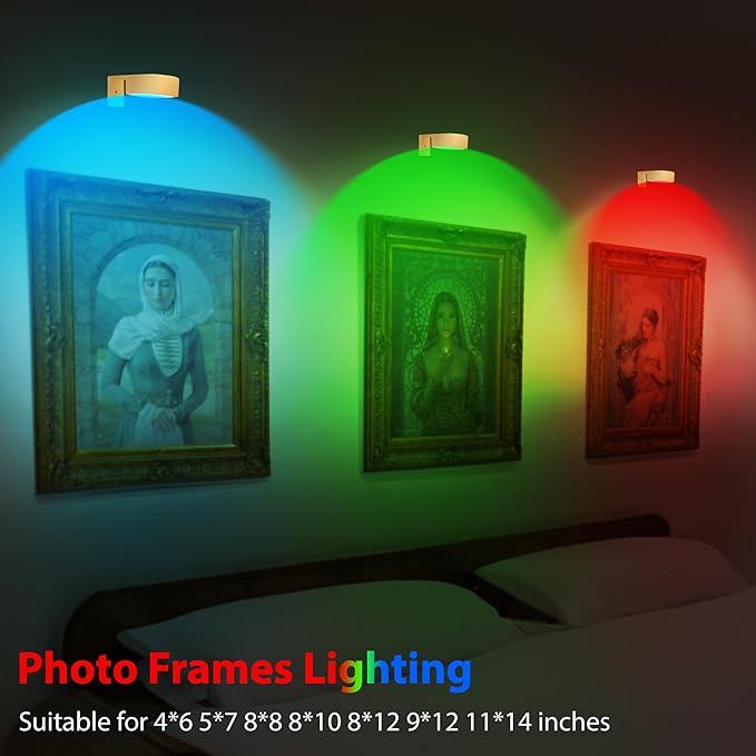 3Pcs Picture Light Battery Operated, 13 RGB Color Magnetic Led Art Display Light for Picture Frame Artworking, Wireless Painting Light with Remote Control, Party Wall Decorative Lighting, Gold-RGB