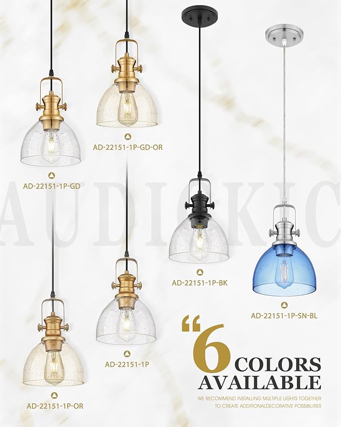 Pendant Lights Kitchen Island, 7.5" Farmhouse Pendant Lighting with Amber Seeded Glass Shade, Vintage Hanging Light Fixtures for Dining Room, Brushed Gold, AD-22151-1P-GD-OR