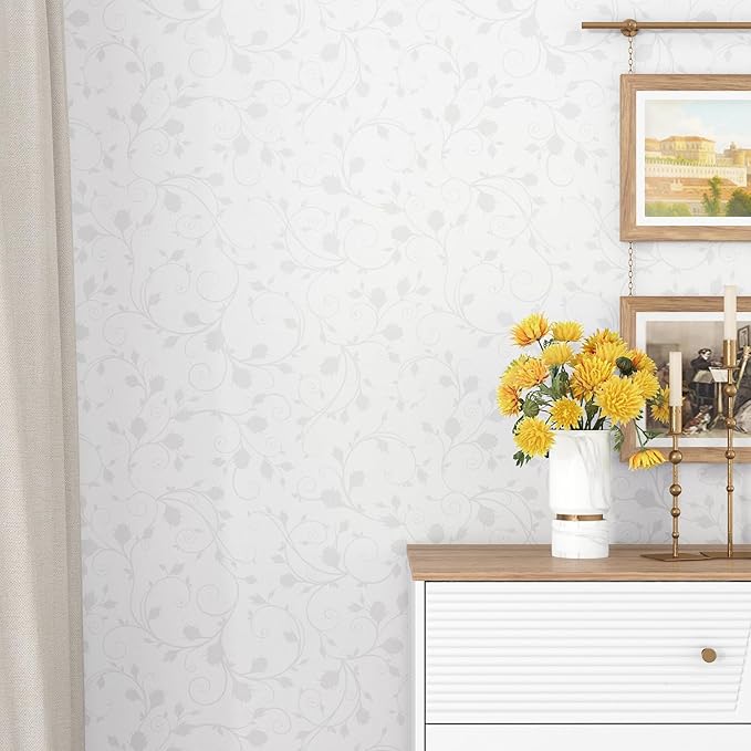 WESTICK Neutral Floral Peel and Stick Wallpaper Vintage Removable Leaf Wallpaper for Bedroom Bathroom Accent Walls Waterproof Cream Grey Floral Contact Paper for Cabinets and Drawers 17.5" x 100"