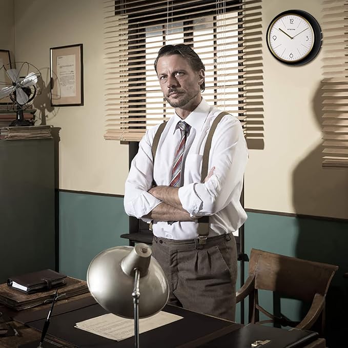 Retro Wall Clock Kitchen 50's Vintage Design Quality Quartz Battery Operated Round Silent Non Ticking for Home School Office Camper Trailer Black 9.5 inch Mid-Century Look