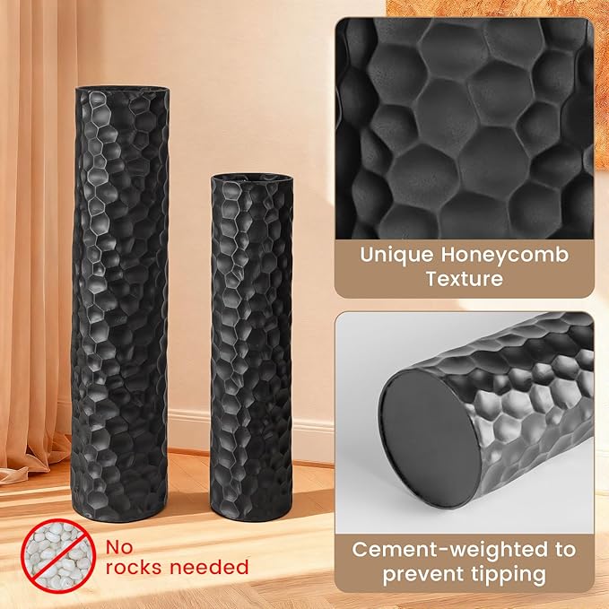 Tall Matte Black Floor Vase Set of 2, 27.6" & 21.7" H Extra Large Cylindrical Metal Standing Vase, Modern Big Floor Vases with Hammered Texture & Weighted Base for Living Room Bedroom Corner Decor