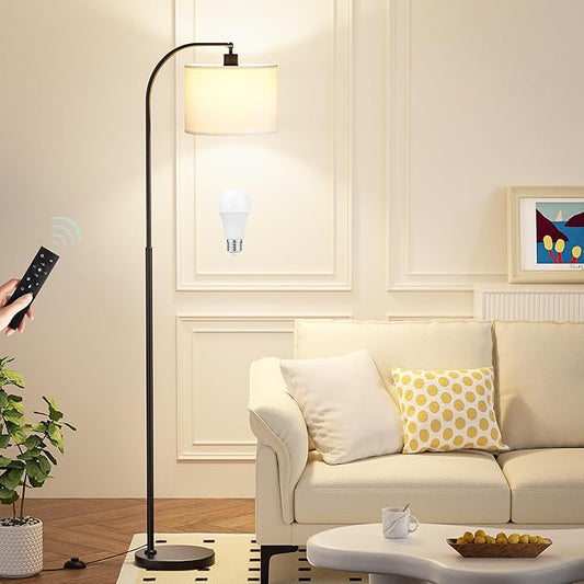Arc Floor Lamp with Remote and Stepless Dimmable Bulb, Colors Temperature & Brightness Adjustable, Floor Lamps for Living Room（White Shade & Black Pole）