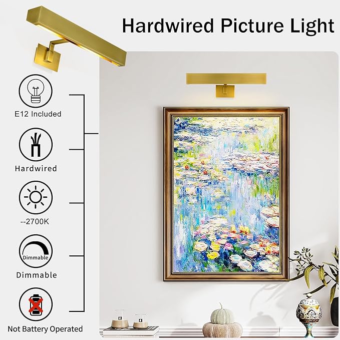 Picture Light, 24" Brass Picture Lights for Wall, Gold Art Lights Hardwired, Dimmable Gallery Light, 3000K Vanity Lights, Picture Frame Light for Bathroom Wall Sconces Artwork Poster Display