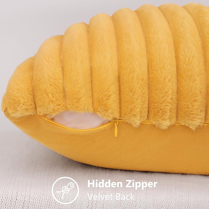 decorUhome Faux Fur Throw Pillow Covers 22x22 Set of 2, Decorative Soft Plush Striped Neutral Couch Euro Pillow Covers with Velvet Back for Sofa, Bed, Living Room Home Decor, Mustard Yellow
