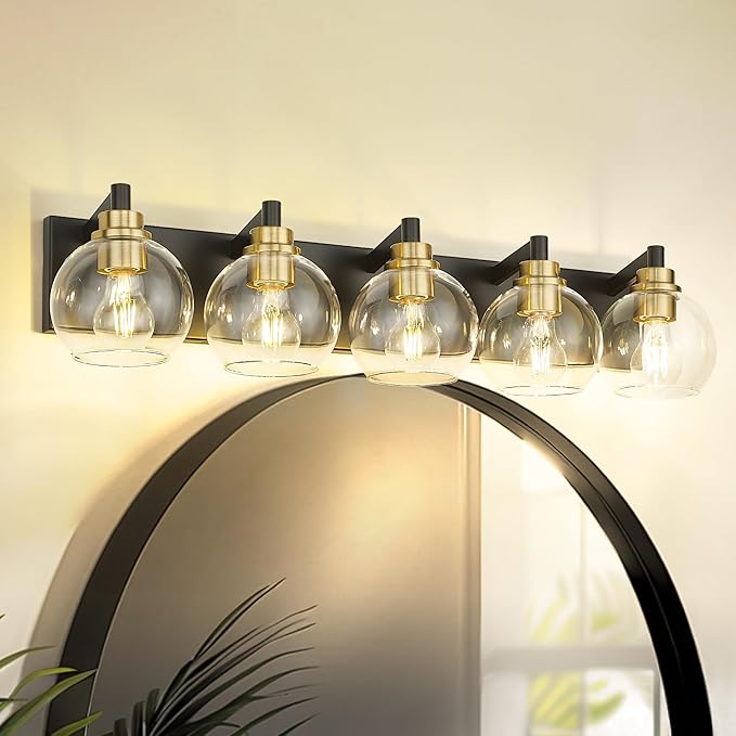 Bathroom Light Fixtures, 5-Light Black and Gold Bathroom Vanity Light, 32 Inch Modern Wall Sconces with Globe Clear Glass Shade, Vanity Lighting Fixtures Over Mirror, VL195-KG-5