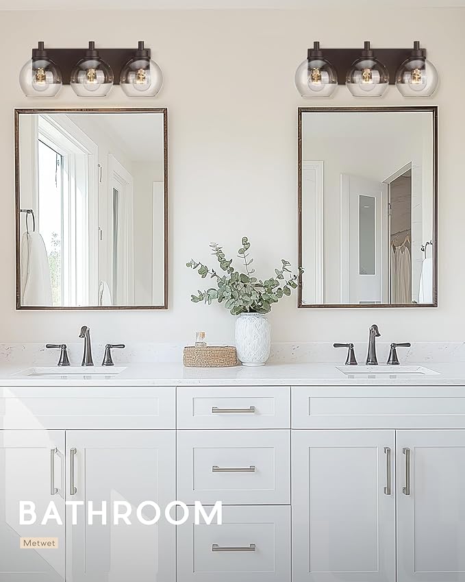 Bathroom Light Fixtures Over Mirror, 3-Light Oil Rubbed Bronze Vanity Light with Clear Glass Globe Shade, Modern Sconces Wall Lighting, Bathroom Wall Lights for Bedroom Hallway, VL195-ORB-3