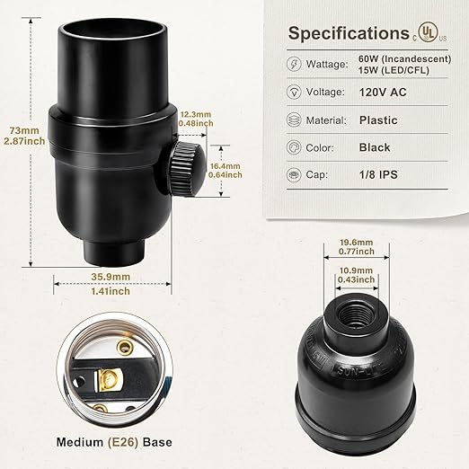 DiCUNO UL Listed Full Range Dimmer Lamp Socket Replacement, Vintage E26 Light Bulb Socket, Rotating Dimmer Switch Knob for Table, Floor Lamp, DIY Project, Black, 60 Watt, 2-Pack