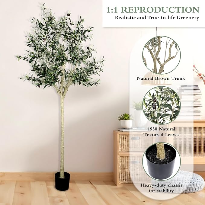 Artificial Olive Tree 7.5 ft, 90 Inch Faux Olive Tree with White Planter, Natural Olive Branches and Realistic Leaves for Modern Home Office Living Room Floor Decor