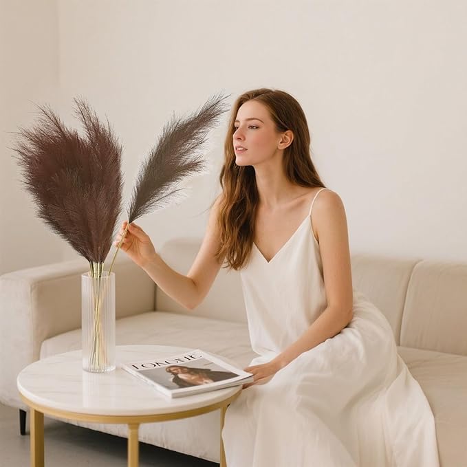 8 Pcs Brown Tall Faux Pampas Grass Decor, 45 Inches Artificial Pampas Grass Bulk, Large Faux Pompas Dried Decor for Floor Vase Filler, Home Boho, Wedding Anniversaries, Baby Shower Decoration