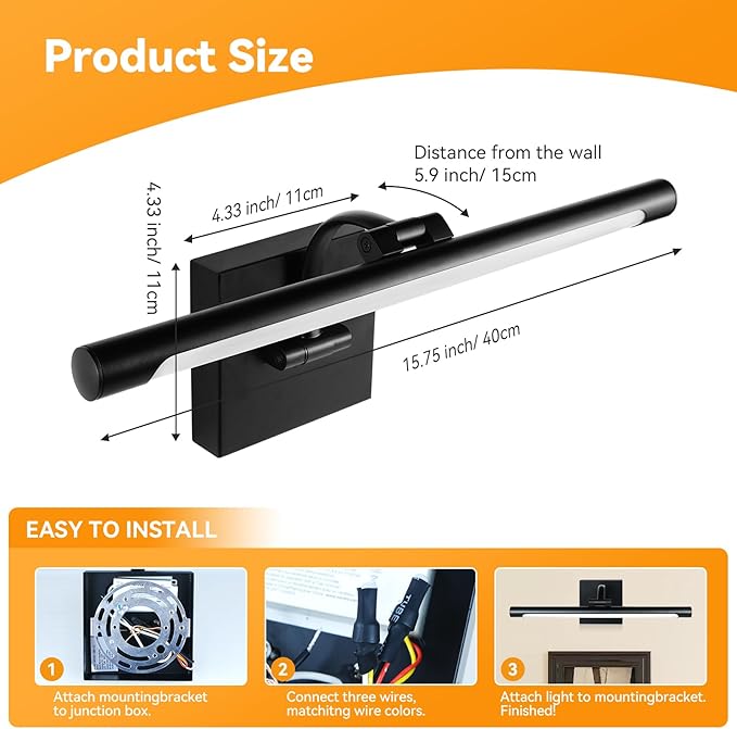 JO.KO 15.75 Inch LED Picture Lights for Wall Hardwired, Poster Art Gallery Light 10-100% Dimmable, 3000k Warm White Black Wall Sconces 7W CRI90 for Gallery Artwork, Paintings and Bathroom