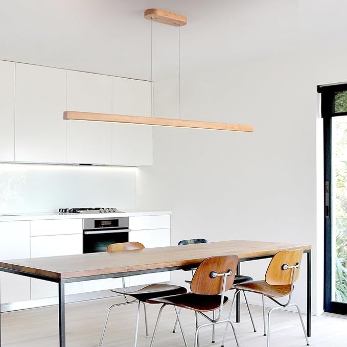 71" Wooden Linear Pendant Light LED Pendant Lights Dimmable Pool Table Island Lights Modern Linear Chandeliers for Dining Room Kitchen Ceiling Pendant Lamp for Kitchen Island Billiard Room Natural