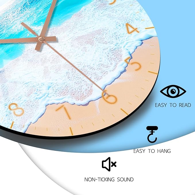 Coastal Wooden Wall Clock Battery Operated 10 Inch Beach Silent Wall-Clock Non Ticking Analog Blue Wall Clocks for Bedroom, Office Decor
