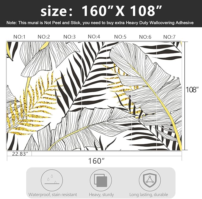 -Black and Gold Tropical Botanical Banana Leaf Fabric Wallpaper Living Room Bedroom Bathroom Abstract Plant Large Wall Mural- 160"x108"（ not Peel and Stick）