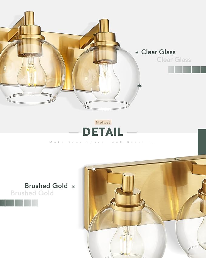 Bathroom Light Fixtures, 2 Light Brushed Gold Vanity Light, Modern Wall Sconces with Clear Glass Globe Shade, Bathroom Wall Lights Over Mirror Kitchen Bedroom Hallway, VL195-GD-2