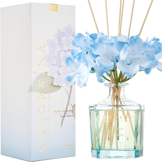 COCORRÍNA Reed Diffuser - Ocean Breeze 8.5oz Flower Reed Diffuser Set with 8 Sticks, Home Fragrance Reed Diffuser for Home Bedroom Office Bathroom Shelf Decor (Master Collection)