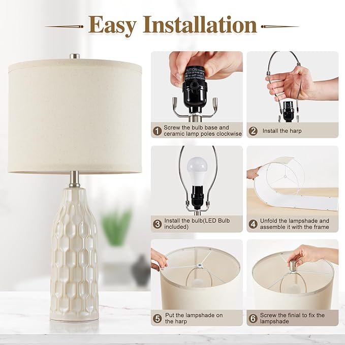 Luvkczc 24.8" Ceramic Table Lamps Set of 2 with 3 Color Temperature & Bulbs Included - Bedside Lamps for Nightstand, Living Room, Bedroom, Home Office Decor