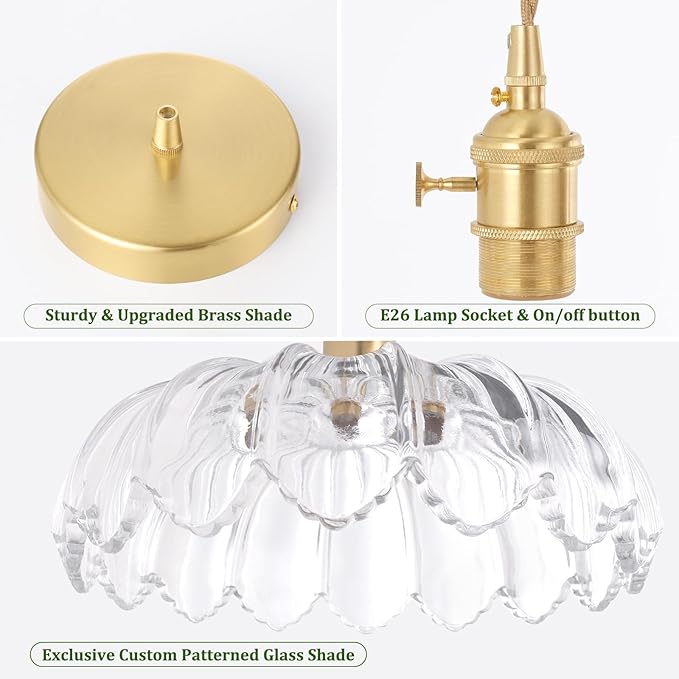 Pendant Light with Clear Scindapsus Glass Lmapshade, Brass Vintage Pendant Light Adjustable Hanging Light for Kitchen Island Dining Room Hallway