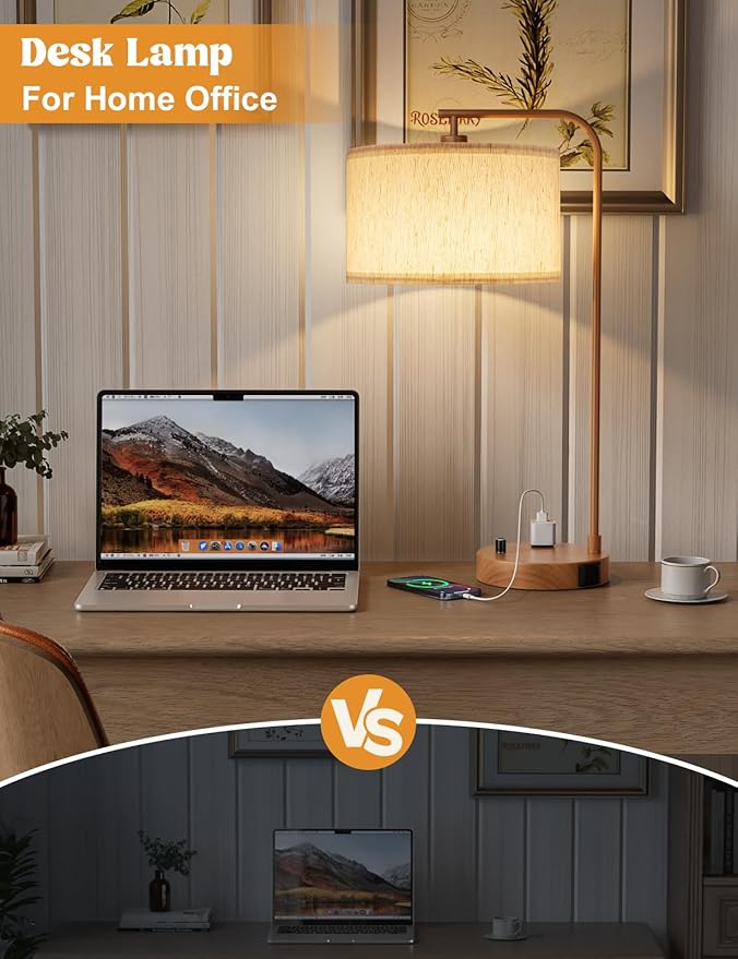 Wood Tall Table Lamp with USB Port and Outlet, Dimmable Nightstand Bedside Lamps with Linen Lampshade, Desk Lamp for Bedroom, Living Room, Guest Room, Home Office, LED Bulb Included