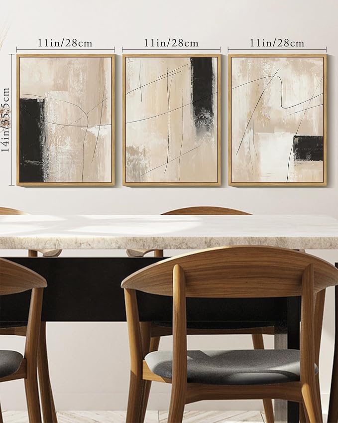 KUVIOKE Abstract Framed Wall Art Minimalist Beige Pastel Watercolor Neutral Wall Decor Modern Black Line Art Painting Home Decor 11x14in (Natural Framed)