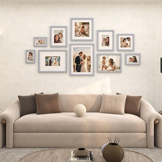 Egofine 8x8 Picture Frames 4 Pack, for Picture 4x4 with Mat or 8x8 whitout Mat Made of Solid Wood Covered by Plexiglass for Table Top Display and Wall Mounting Photo Frame, Light Gray