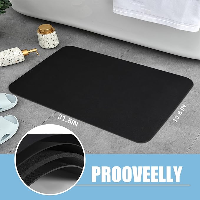 Diatomaceous Earth Bath mat Bathroom Rugs Super Absorbent Quick Dry Non Slip Bath Mat Thin Bathroom Floor Mats Fit Under Door-Shower Rug for in Front of Bathtub Shower, Black, 15.7"x35.4"