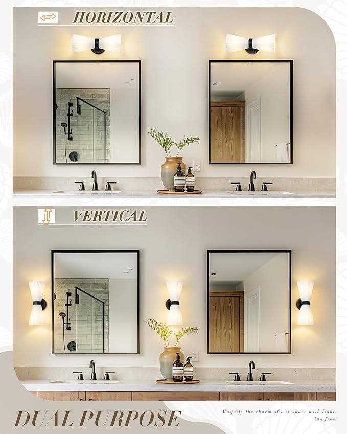 Modern Black Wall Sconce, HWH Up and Down Indoor Sconces Wall Lighting with Frosted Milk White Striped Glass Shade, Hardwired Wall Mounted Vanity Lamp for Bathroom, 5HZG97B-2W BK