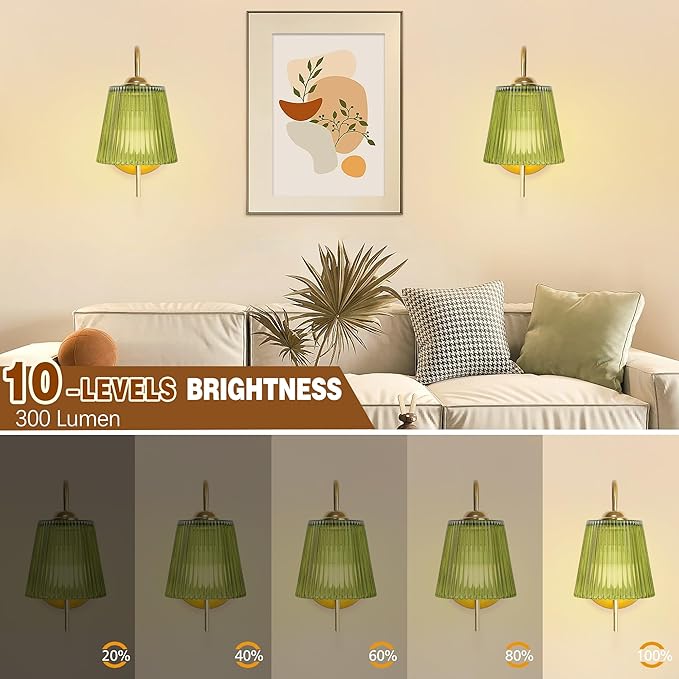 Vintage Battery Operated Wall Sconce with Flower lampshade,Rechargeable Battery Powered Wall Lights,Wall lamp With 15 Colors for Bedroom Living Room Home Decor (Green Stripe, 2 Light Battery Operated)