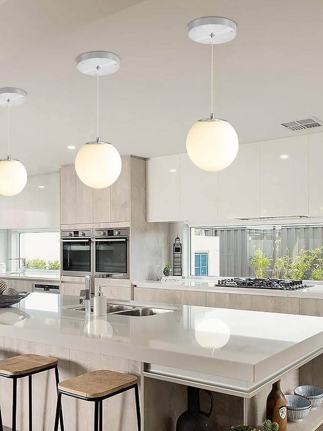 1-Light Modern Globe Pendant Light Fixtures Silver Chandelier with White Globe Glass Dimmable Ceiling Light Glass Pendant Light for Kitchen Island, Dining Room, Living Room, Entry Hallway