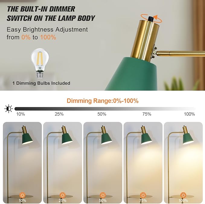 Hsyile Contemporary Modern Creative Floor Lamp with a Table,Suitable for Living Room,Den,Office,Bedroom - Standing Lamp Tall Floor Lamp - Brushed Brass Finish and Green Lampshade