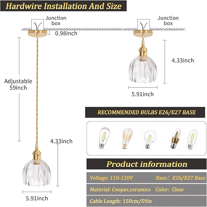 Mini Pendant Light 2 Pack with Clear Tulip Glass Lmapshade, Brass Vintage Pendant Light Adjustable Hanging Light for Kitchen Island Dining Room Hallway