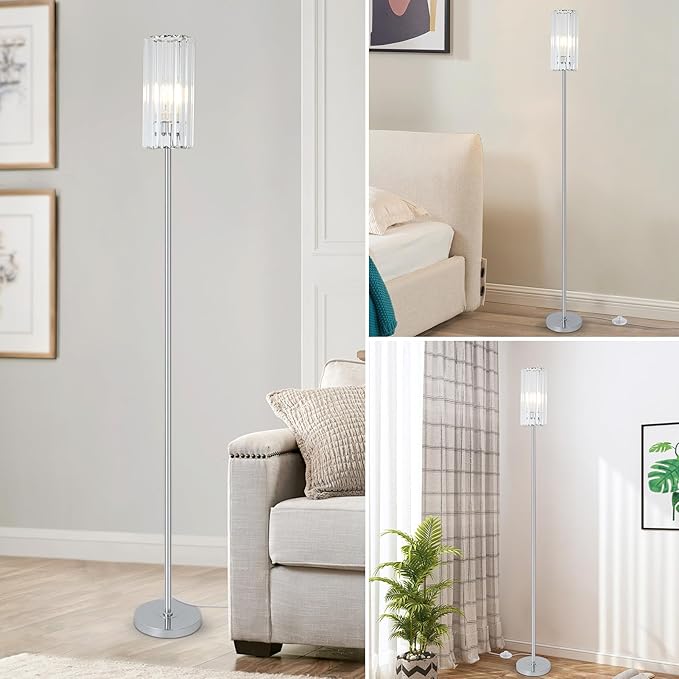 HMVPL Chrome Floor Lamp for Living Room, Modern Pole Floor Lamp for Bedroom with K9 Crystal Shade, Silver Standing Lamp for Corner with On/Off Switch,Elegant Tall Lamp for Nursery Kids Girls Room Home