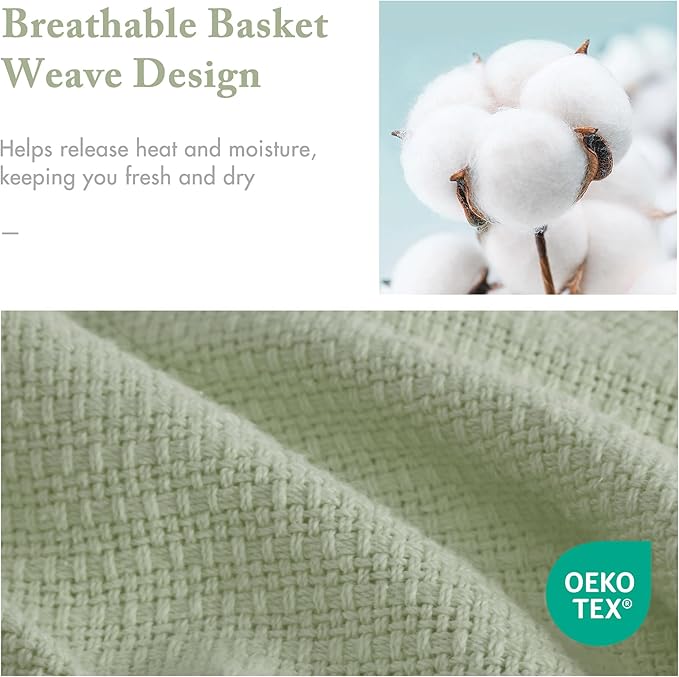 Madison Park Farmhouse Blanket,100% Cotton Luxuriously Soft Fresh Spun Farmhouse Basketweave Blanket Breathable All Seasons Lightweight Blanket for Bed, Couch and Office, King, Green