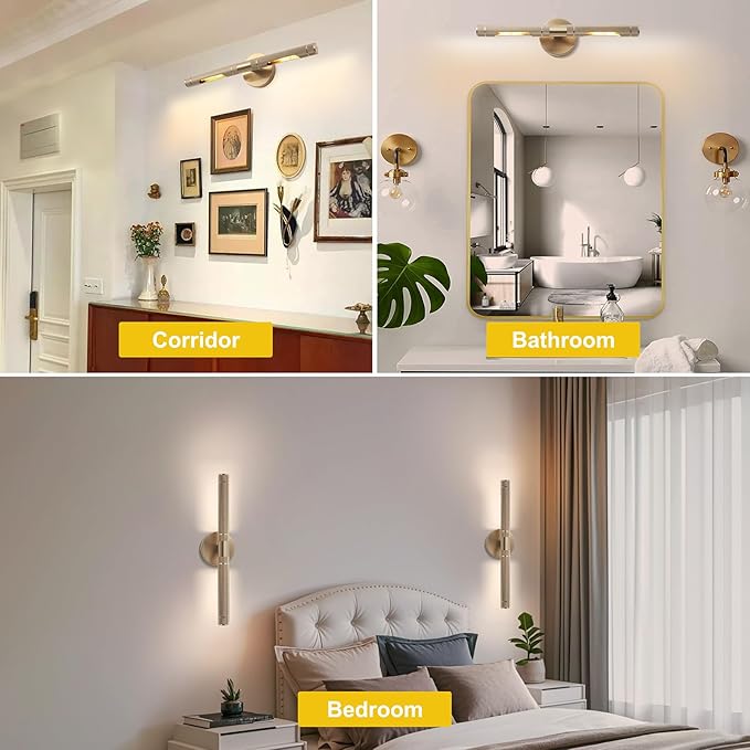 Brushed Brass Picture Lights for Wall,19 Inch Hardwired Knurled Gallery Light, Rotatable 360° Modern Gold Wall Lights for Pictures Bathroom Living Room Bedroom, E12 Bulbs Included(1 Pack)