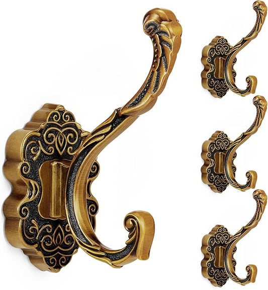 Zonon Vintage Coat Hooks Antique Wall Hooks Towel Hook for Hanging Purse Hat Keys Clothes Curtain Unique Heavy Duty Bathroom Hook for Wall (4 Pcs,Brass)