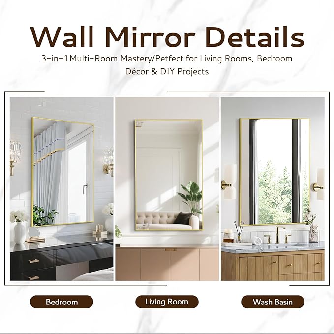Bathroom Mirror 24"x36", Gold Vanity Mirror with Brushed Metal Frame & Tempered Glass, Rectangle Wall Mirror Mounted, Rust-Resistant for Bedroom, Entryway and Living Room Decor
