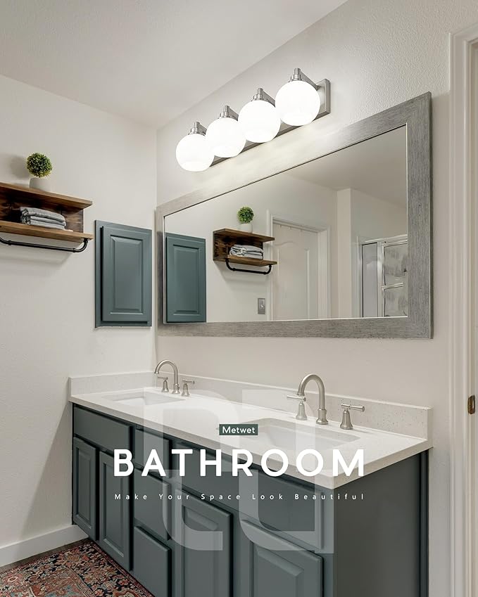 Bathroom Light Fixtures, 4 Light Brushed Nickel Vanity Light, 26 Inch Modern Wall Sconces with Globe Milk White Glass Shade, Vanity Lighting Fixtures Over Mirror, VL195-BN-ML-4