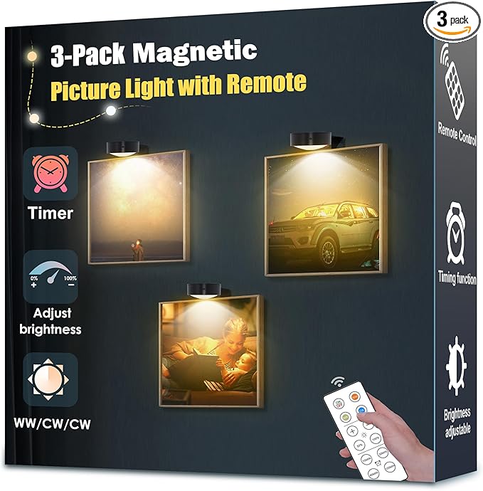 3-Pack Picture Light Battery Operated, Magnetic Led Lights with Remote, Dimmable and Timer Painting Light, Art Display Light for Picture Frame Artworking Portrait, Home Wall Decor Puck Lights, Black