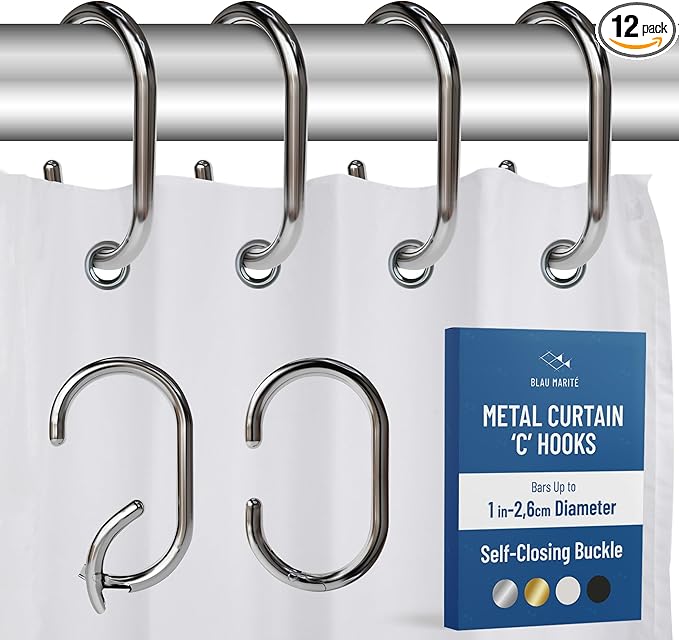 12 Metal Shower Curtain Hooks, Rust-Proof Decorative C-Shaped Curtain Hooks for Bathroom, Chrome Shower Curtain Rings, Fits Rods Up to 1 Inch (C, Silver)