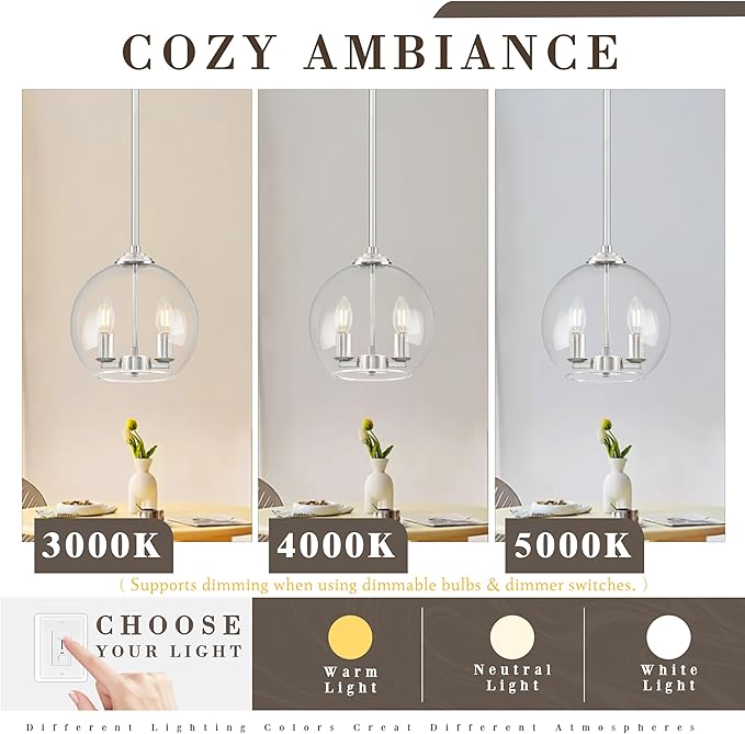 10" Globe Pendant Lights Kitchen Island Glass Globe Pendant Light Fixture Bedroom Mid Century Modern Pendant Lighting Nickel Pendant Light for Kitchen Island Dinning Room (Bulb Incl.)