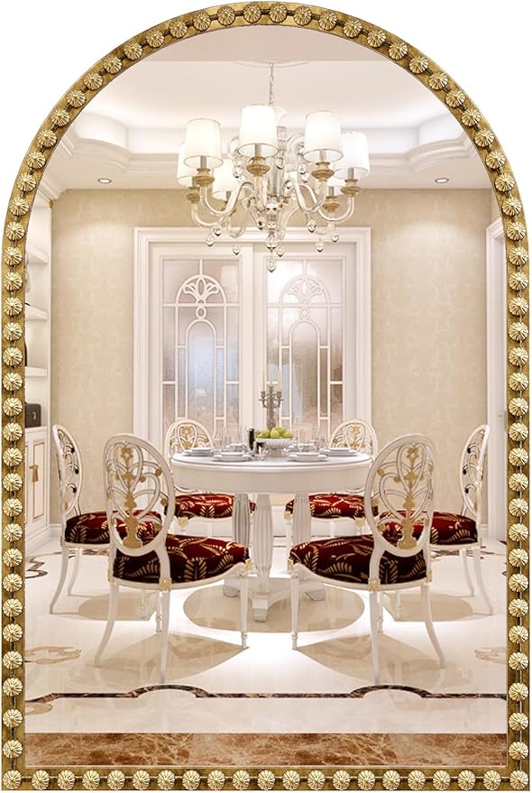 Arched Mirror for Wall, 24"x36" Gold Arch Bathroom Vanity Mirror, Metal Floral Frame Decorative Arch Wall Mirror, Antique Gold Arched Mirror for Washroom, Bedroom, Entryway, Living Room