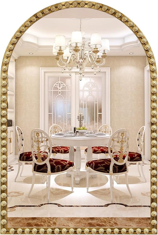 Arched Mirror for Wall, 24"x36" Gold Arch Bathroom Vanity Mirror, Metal Floral Frame Decorative Arch Wall Mirror, Antique Gold Arched Mirror for Washroom, Bedroom, Entryway, Living Room